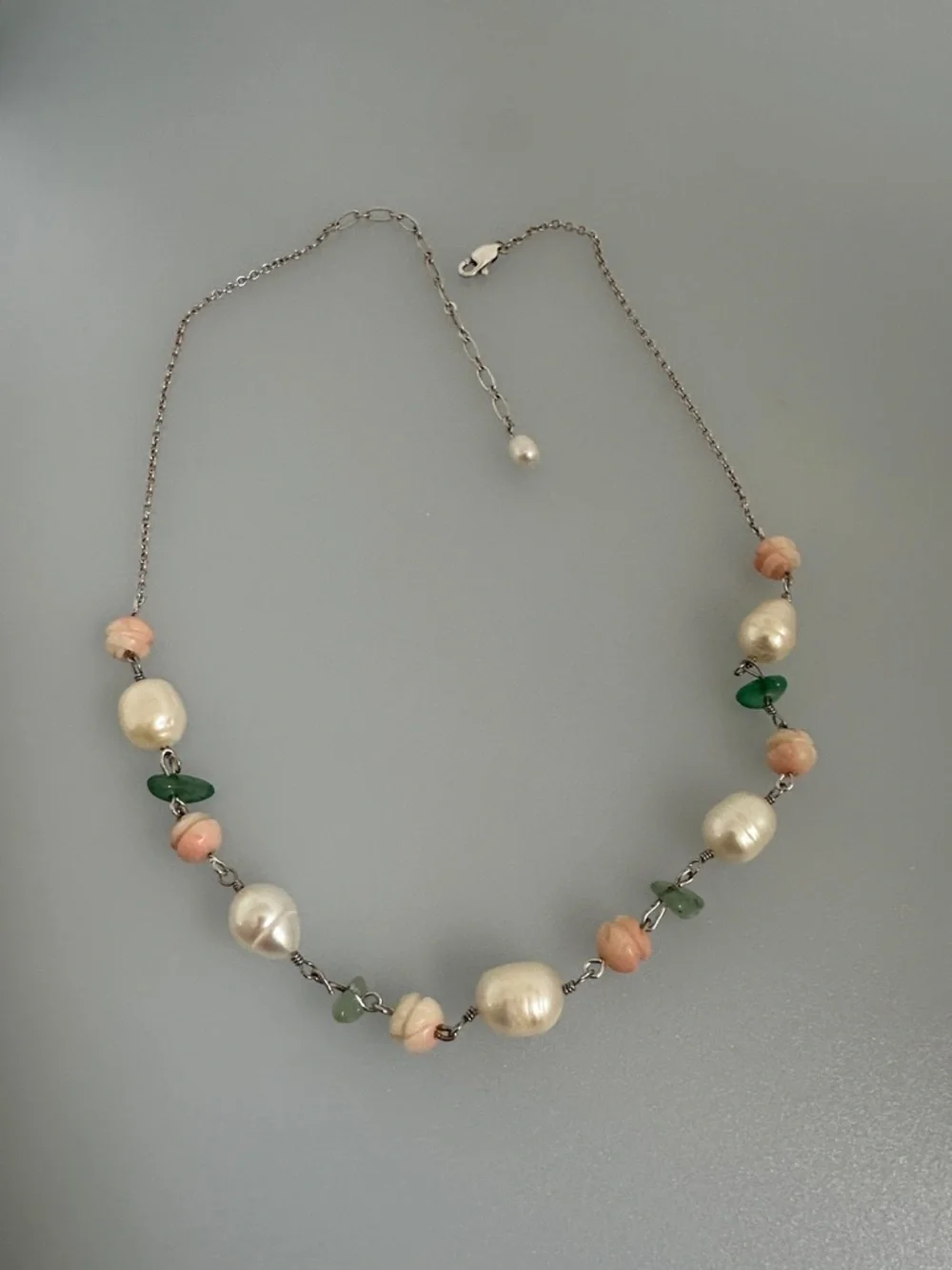 925 sterling Silver Freshwater Pearl Pink Coral and Green Jade Stones Necklace